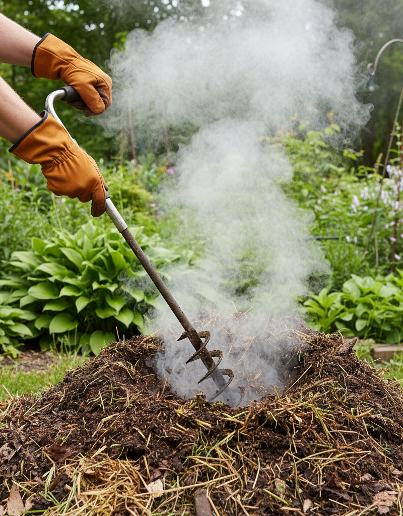 Hands turning a steaming compost pile with an aerator, indicating active decomposition and heat.