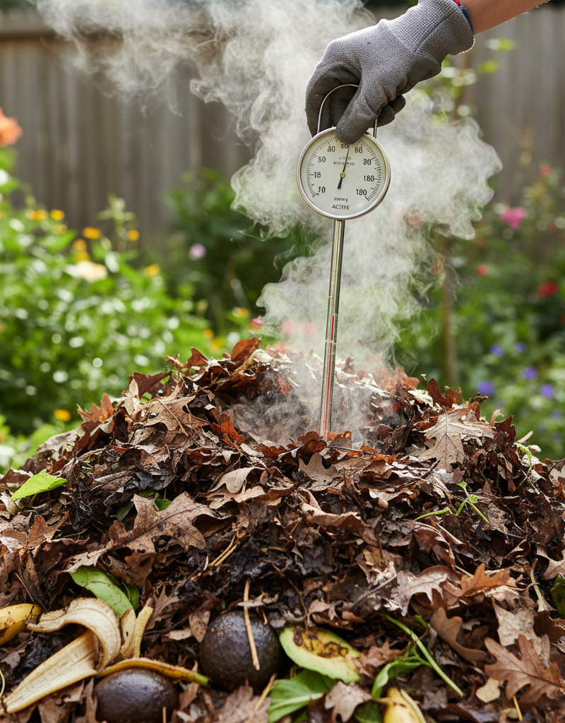 Homeowner checking steaming compost pile temperature with a thermometer