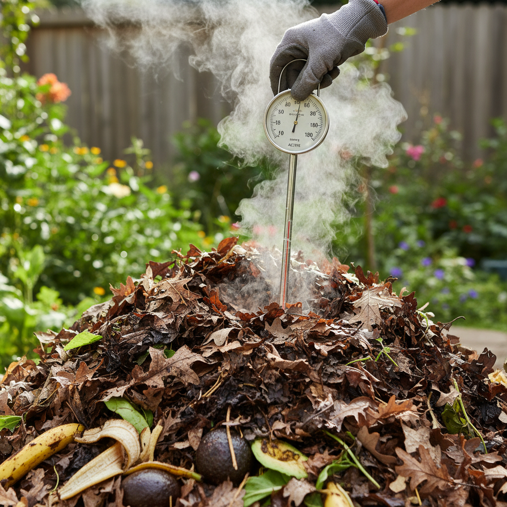 Homeowner checking steaming compost pile temperature with a thermometer