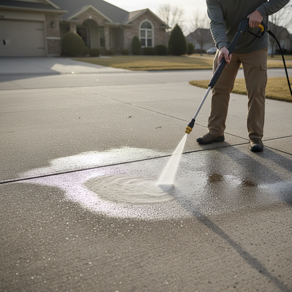 Homeowner carefully power washing a stained concrete driveway to remove grime