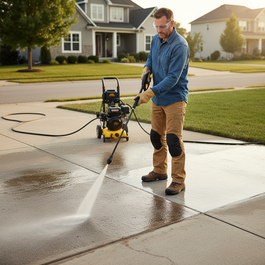 Homeowner safely power washing a concrete driveway to remove stains and grime.