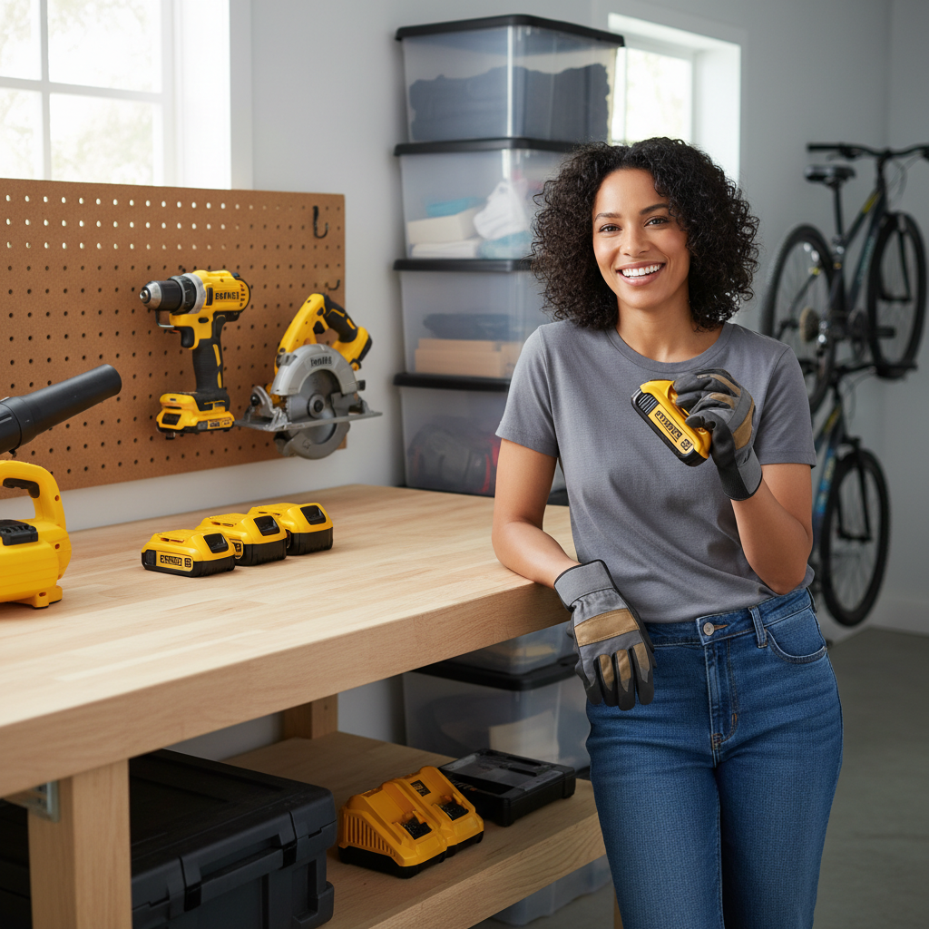 Homeowner easily using a cordless drill next to a well-organized workbench with matching brand tools and batteries