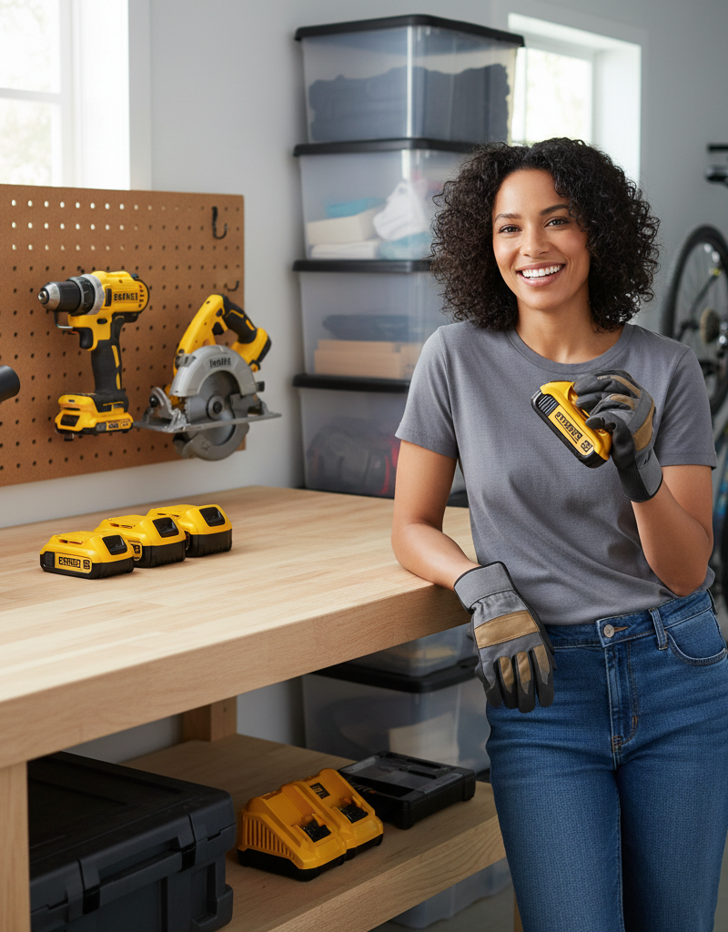 Homeowner easily using a cordless drill next to a well-organized workbench with matching brand tools and batteries