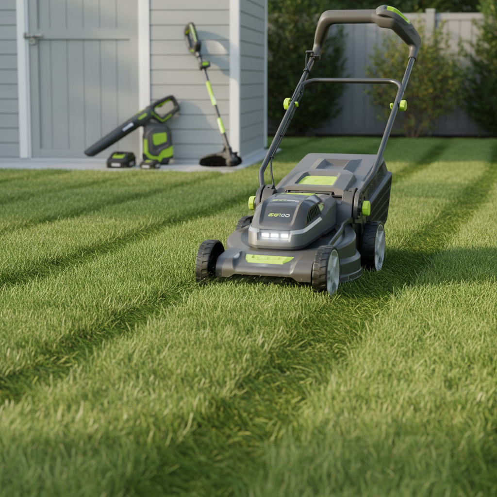 Modern cordless electric lawn mower cutting grass with a clean, precise line
