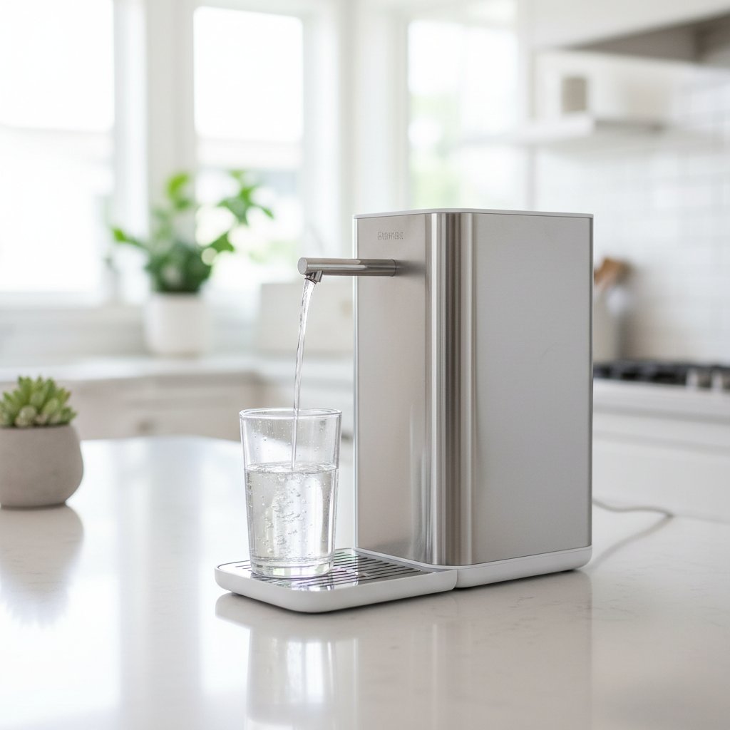 Modern countertop reverse osmosis system dispensing purified water into a drinking glass on a kitchen counter.