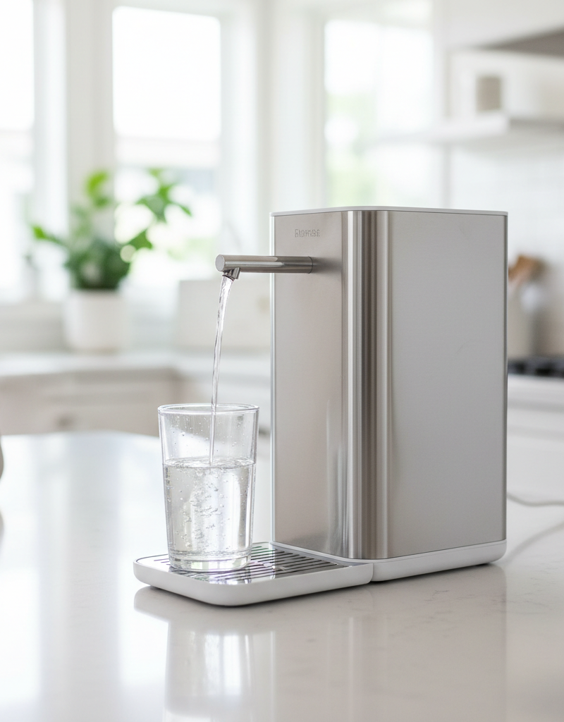 Modern countertop reverse osmosis system dispensing purified water into a drinking glass on a kitchen counter.