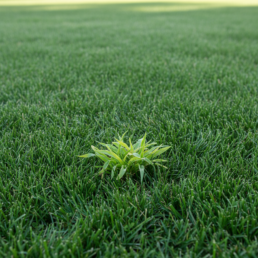 Close-up of healthy green lawn with a small patch of crabgrass starting to emerge