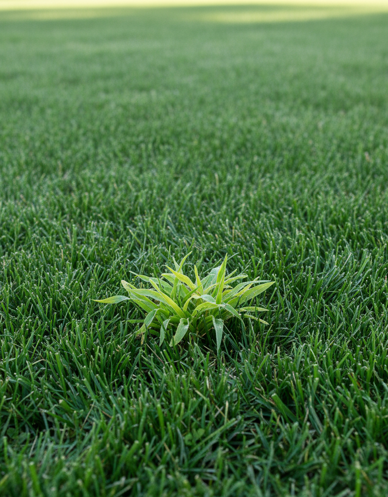 Close-up of healthy green lawn with a small patch of crabgrass starting to emerge