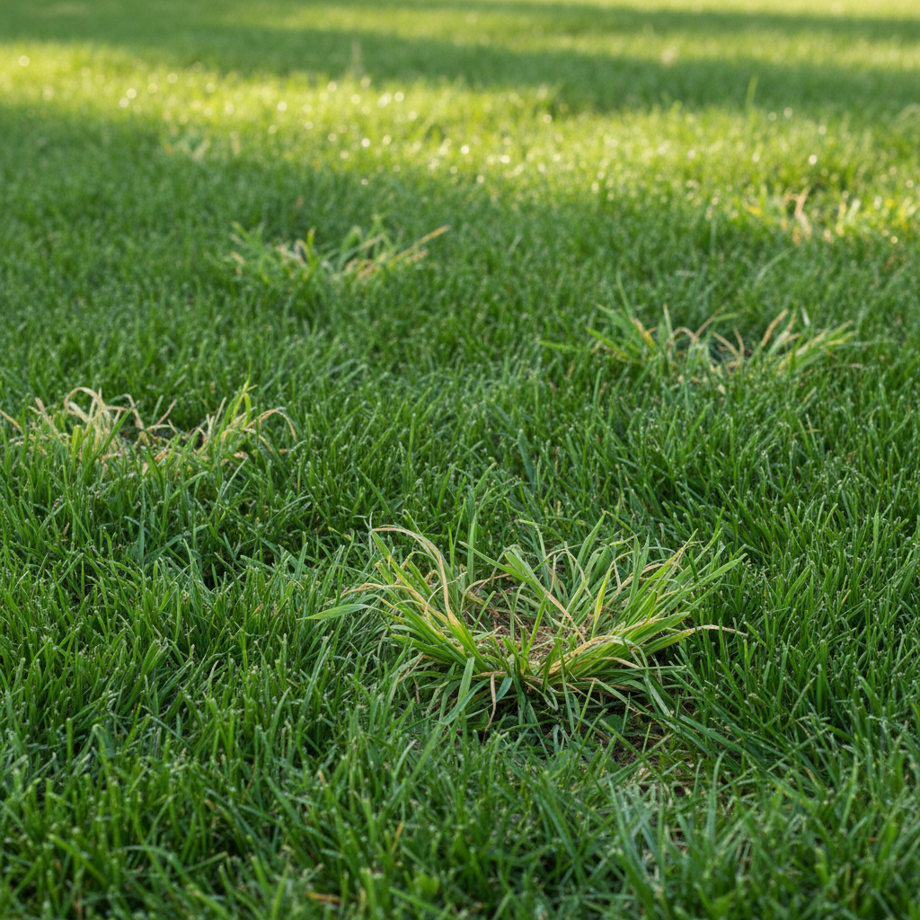 Healthy green lawn with small, suppressed patches of crabgrass demonstrating natural control.