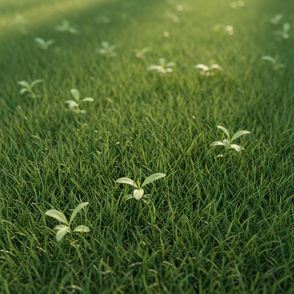 Close-up of healthy green lawn with young crabgrass plants peeking through, illustrating the initial stage of weed invasion.