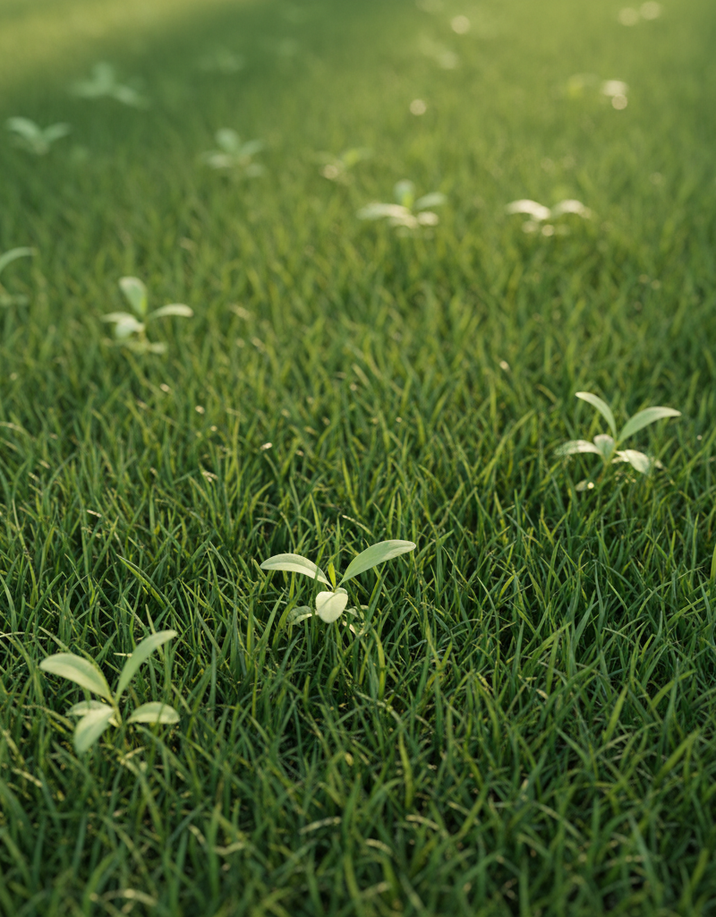 Close-up of healthy green lawn with young crabgrass plants peeking through, illustrating the initial stage of weed invasion.