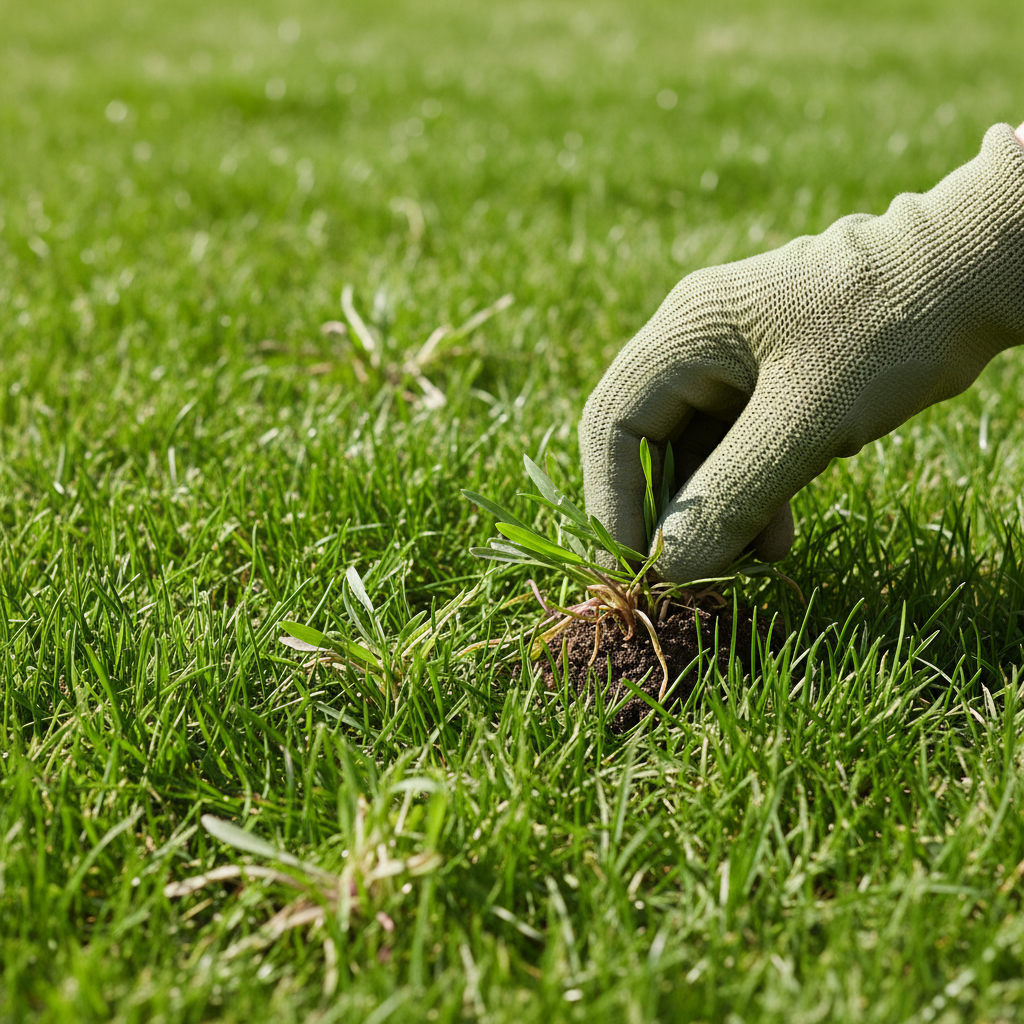 Homeowner's hand pulling a young crabgrass plant from a lush, green lawn, demonstrating natural weed removal.