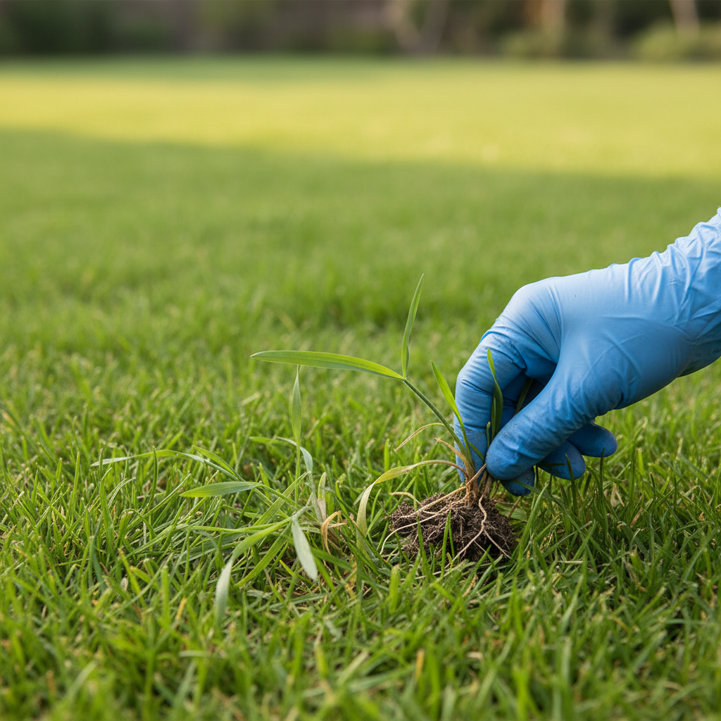 Gloved hand pulling small crabgrass weed from a healthy green lawn