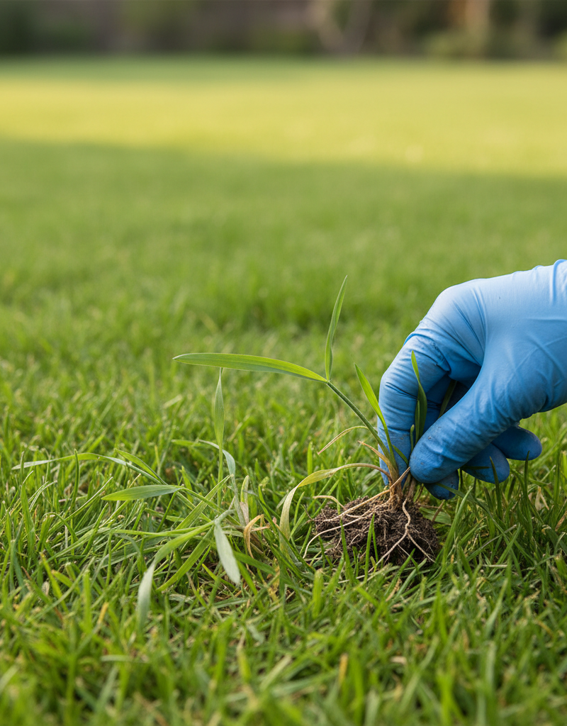 Gloved hand pulling small crabgrass weed from a healthy green lawn