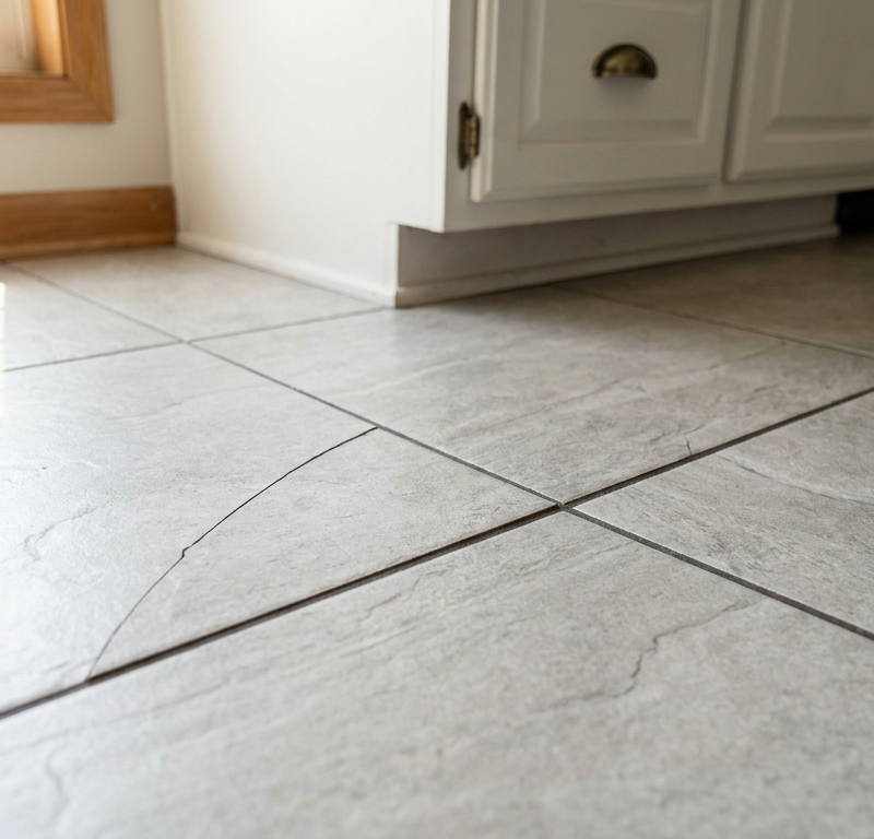 Cracked porcelain floor tile running through grout lines across kitchen concrete slab floor