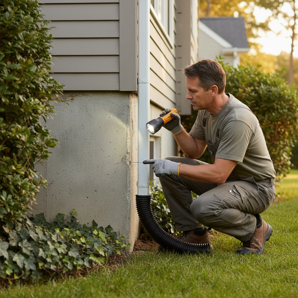 Homeowner inspecting house foundation for cricket entry points and moisture, with flashlight.
