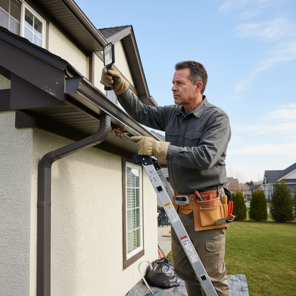 Homeowner on a ladder inspecting and cleaning gutters, checking the roof and fascia.