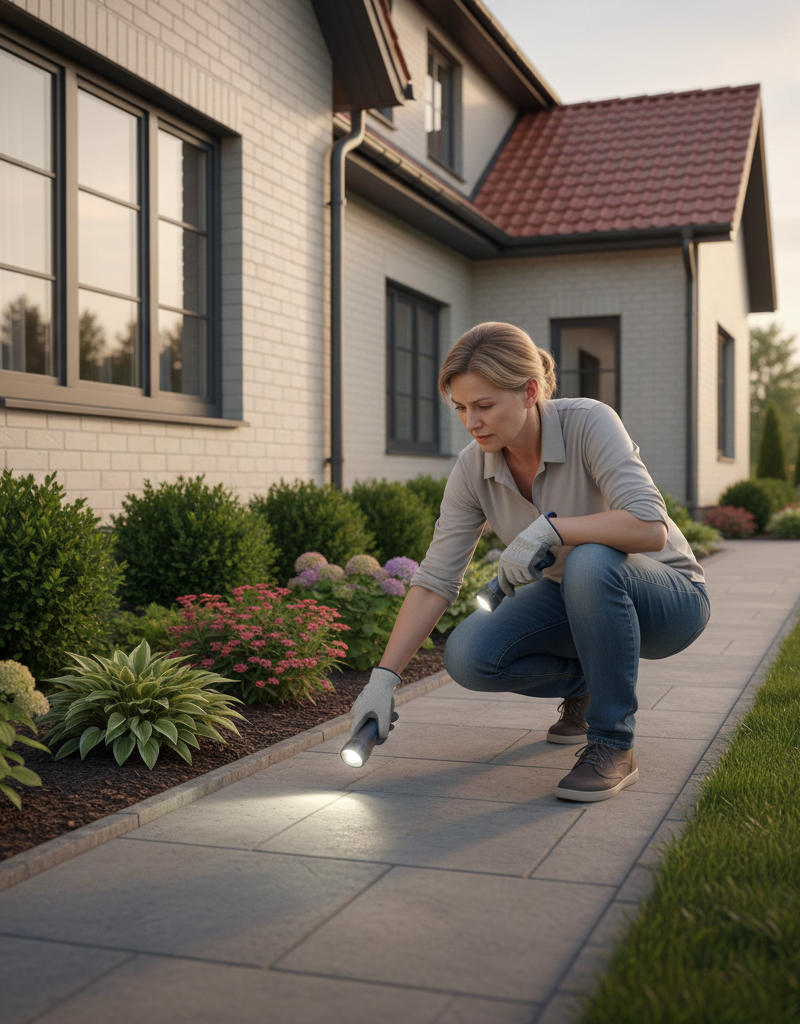 Homeowner inspecting concrete foundation for cracks during an annual home maintenance check