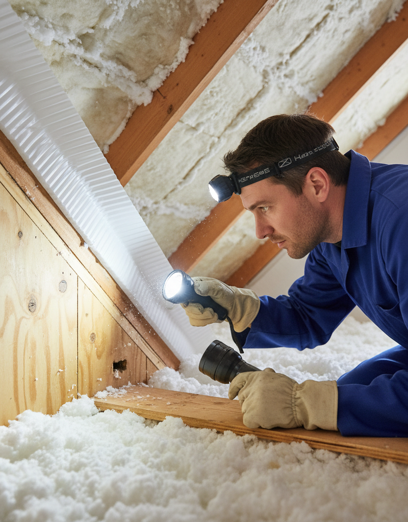 Homeowner inspects attic for moisture and ventilation issues.