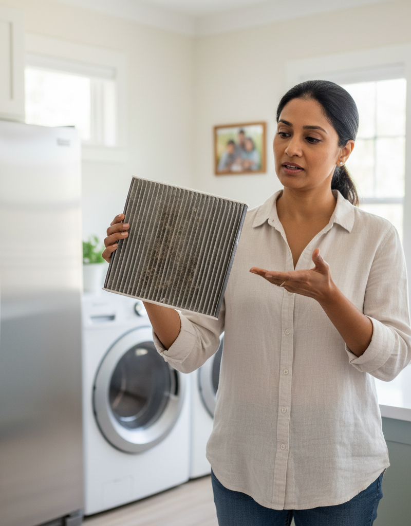 Homeowner inspecting a dirty HVAC filter in a well-lit living room, with other household appliances visible.