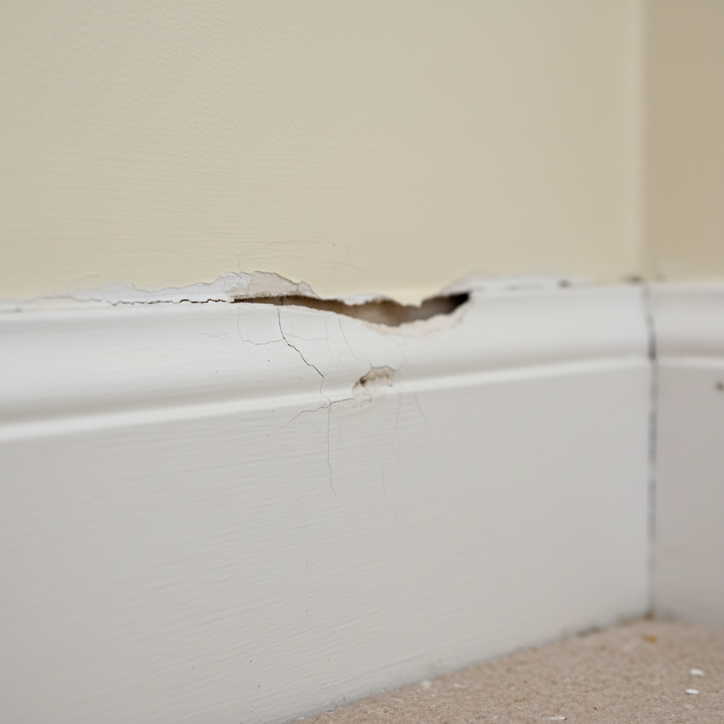 Wavy, crooked white baseboard trim pulling away from a wall, showing gaps and an uneven line.