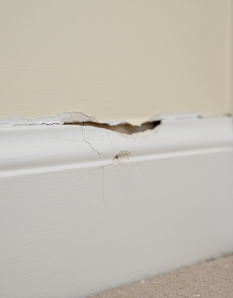 Wavy, crooked white baseboard trim pulling away from a wall, showing gaps and an uneven line.