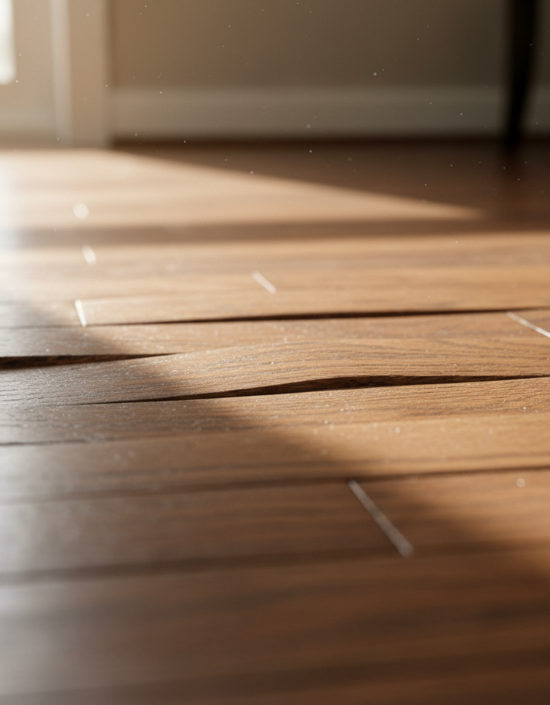 Close-up of severely cupped hardwood floor planks, showing the raised edges and wavy appearance.