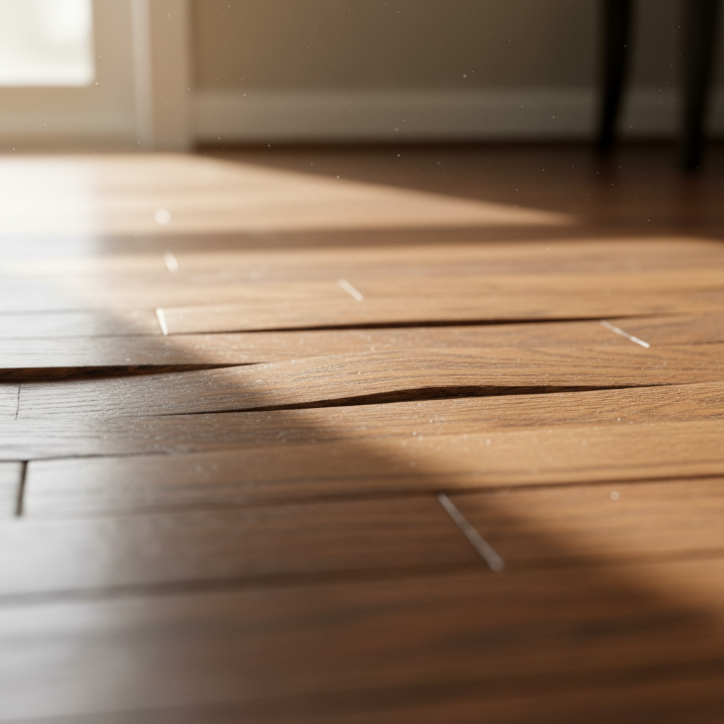 Close-up of severely cupped hardwood floor planks, showing the raised edges and wavy appearance.