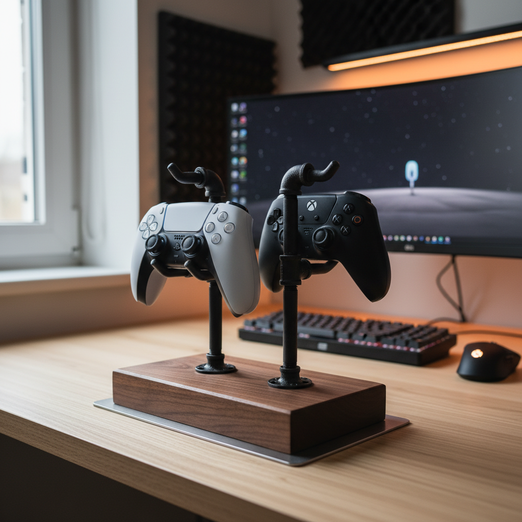 Custom built video game controller stand made from wood and black iron pipe.