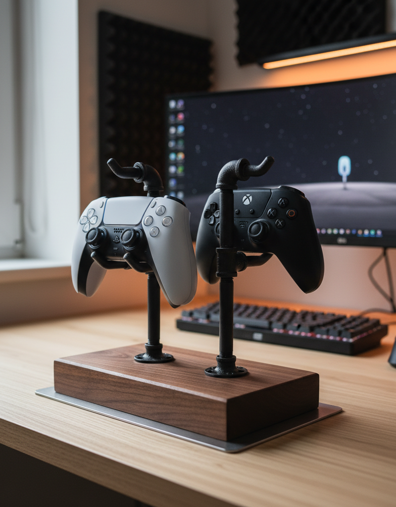 Custom built video game controller stand made from wood and black iron pipe.