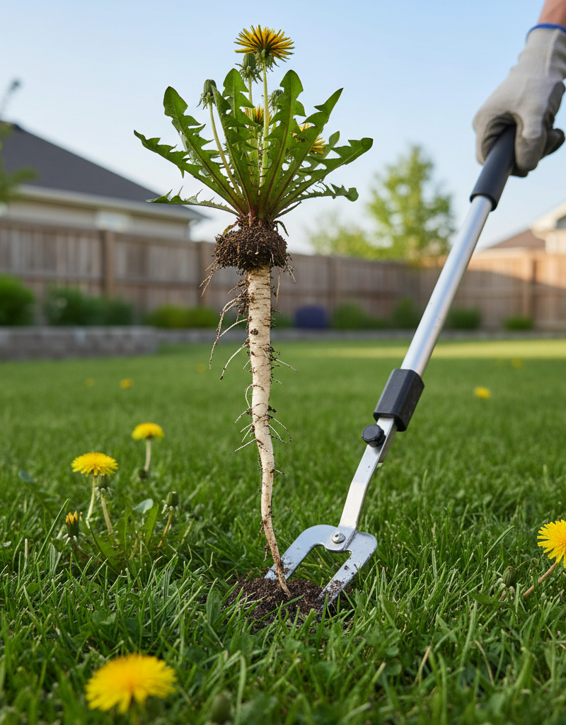Homeowner using a stand-up dandelion weeder to extract a dandelion with its long taproot from a green lawn.