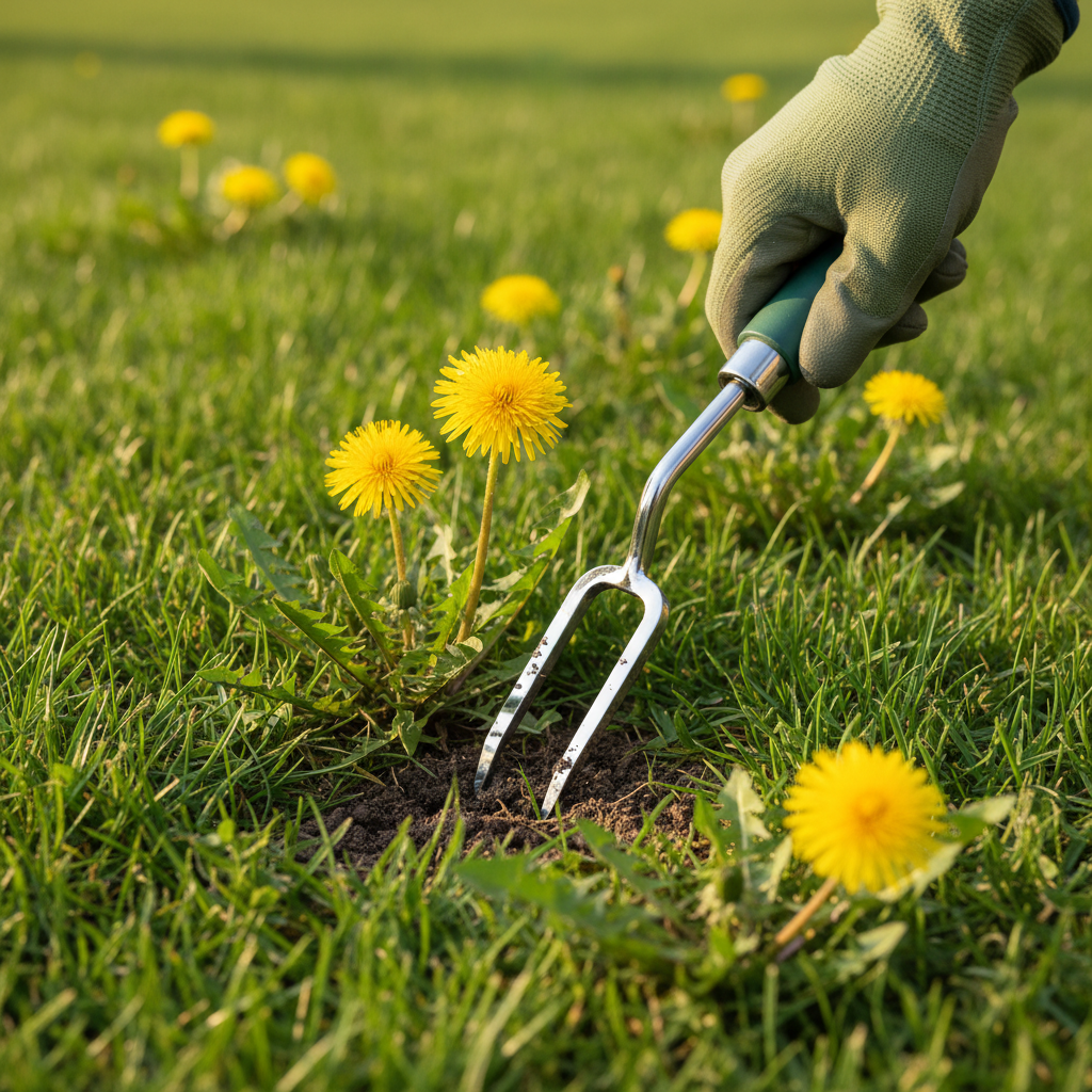 Hand pulling a dandelion from a green lawn with a weeding tool, showing its long taproot.