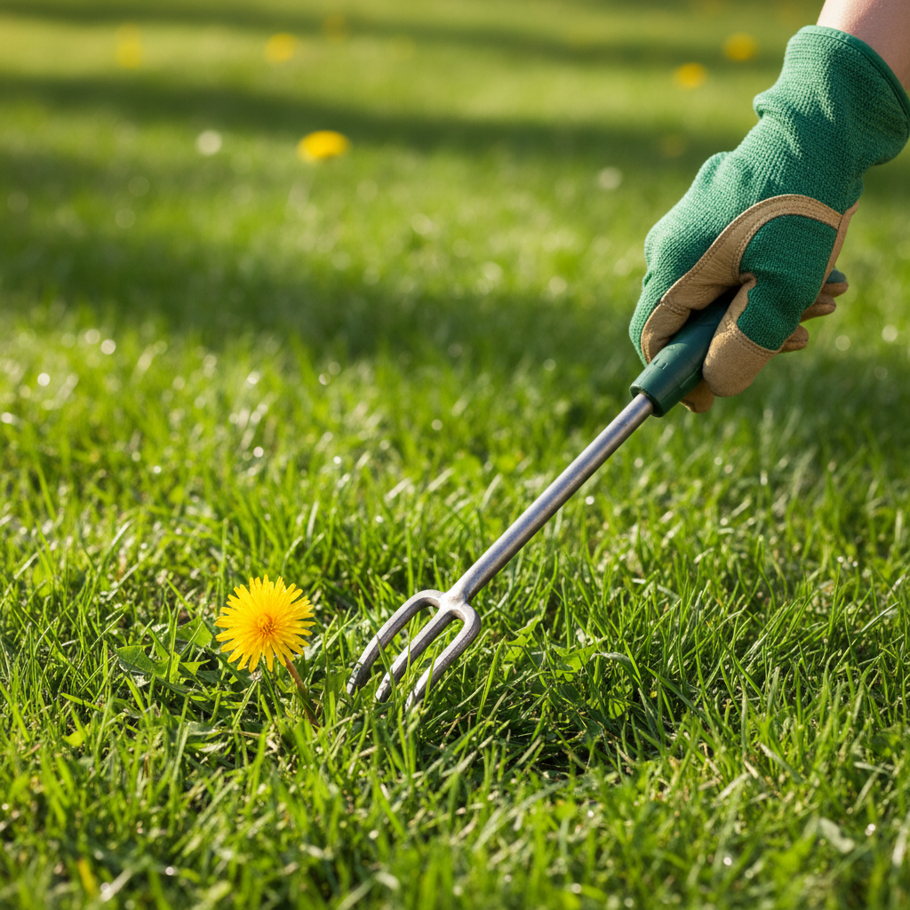 Homeowner's hand in a gardening glove using a specialized dandelion weeding tool to remove a yellow dandelion from a lush green lawn, highlighting precision and care.
