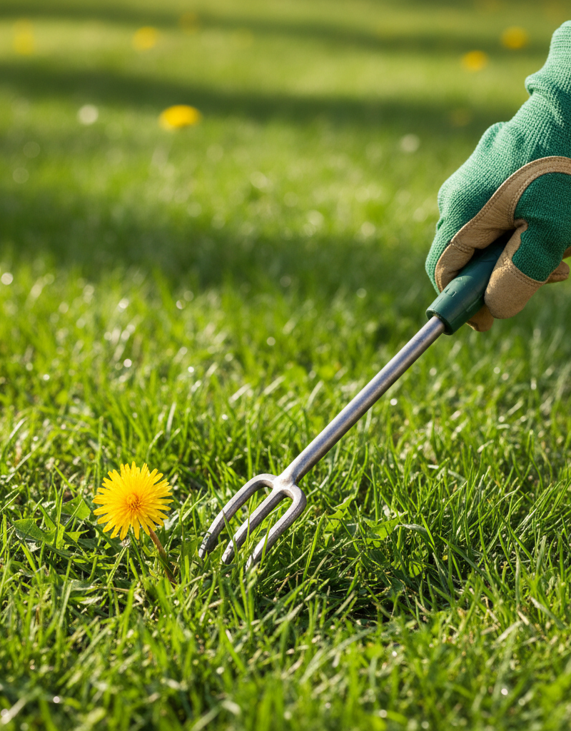 Homeowner's hand in a gardening glove using a specialized dandelion weeding tool to remove a yellow dandelion from a lush green lawn, highlighting precision and care.