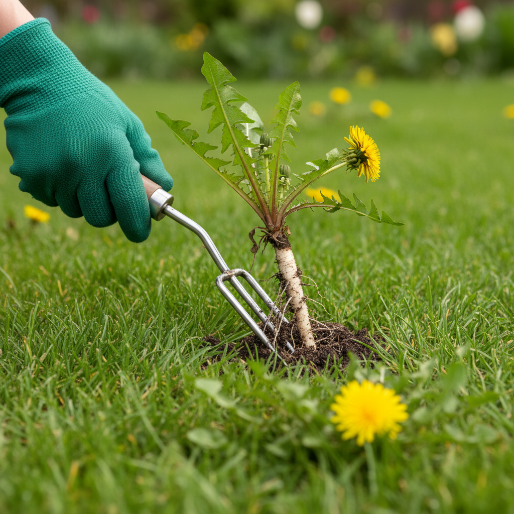 Hand pulling a dandelion with a long taproot from a healthy green lawn with a weeding tool.