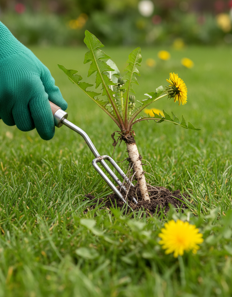 Hand pulling a dandelion with a long taproot from a healthy green lawn with a weeding tool.