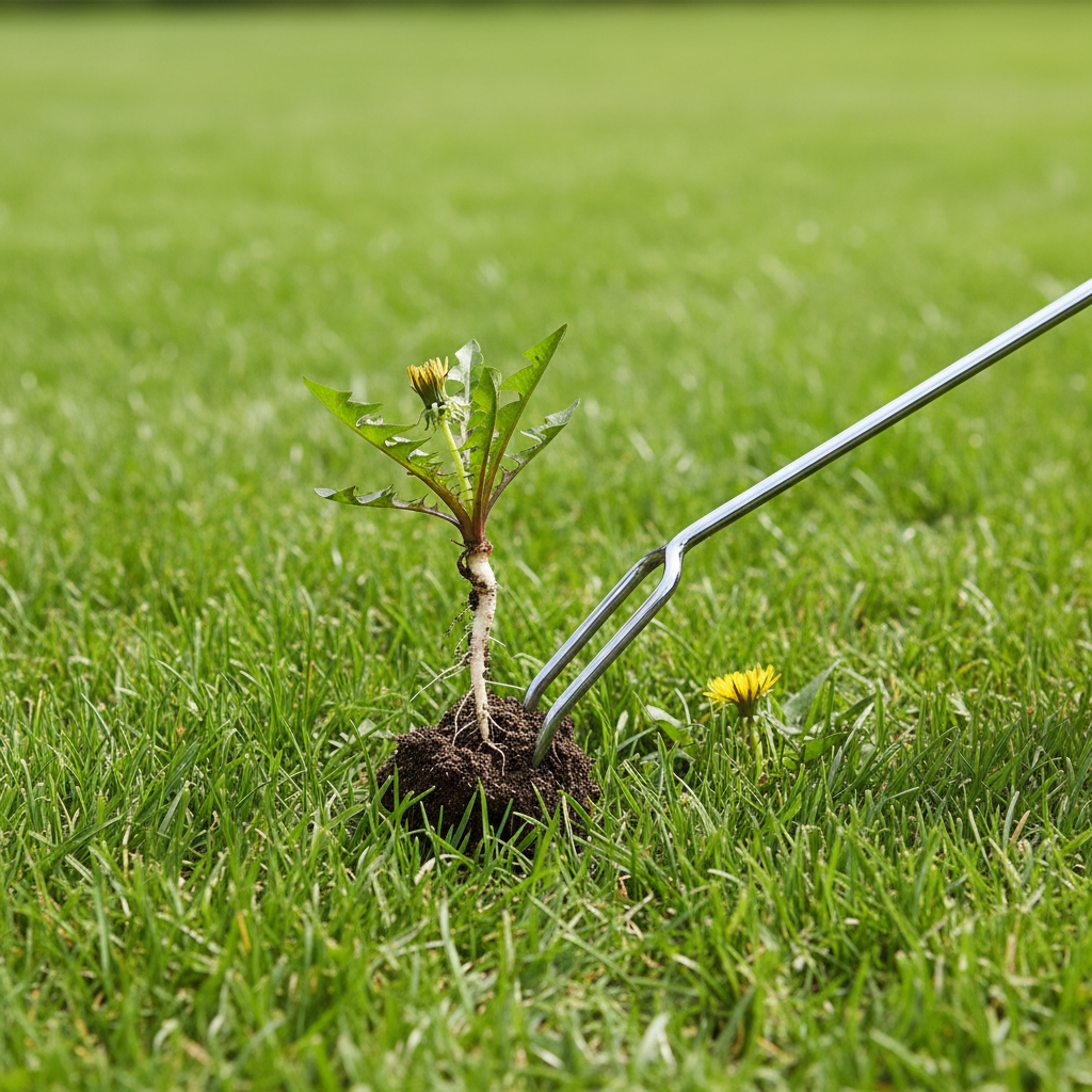 Homeowner using a weeding tool to extract a dandelion, showing its deep taproot, from a lush green lawn.