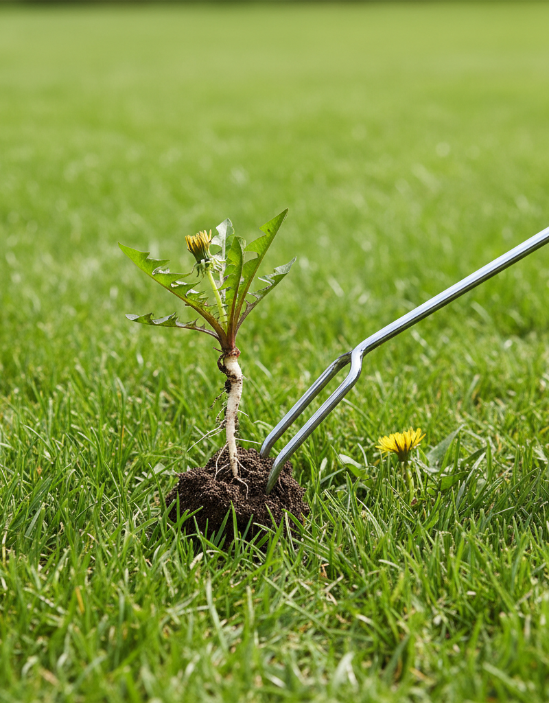 Homeowner using a weeding tool to extract a dandelion, showing its deep taproot, from a lush green lawn.