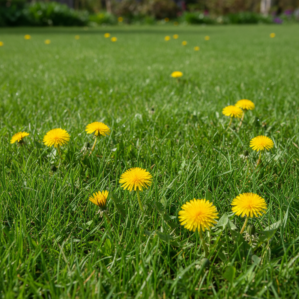 Vibrant green lawn with scattered yellow dandelion flowers, signifying a common lawn weed problem.
