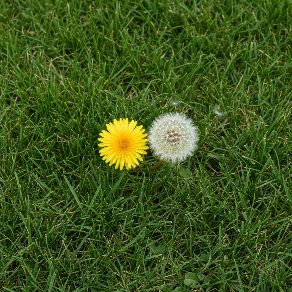 Dandelion flower and seed head in a green lawn, illustrating the challenge of weed control for homeowners.