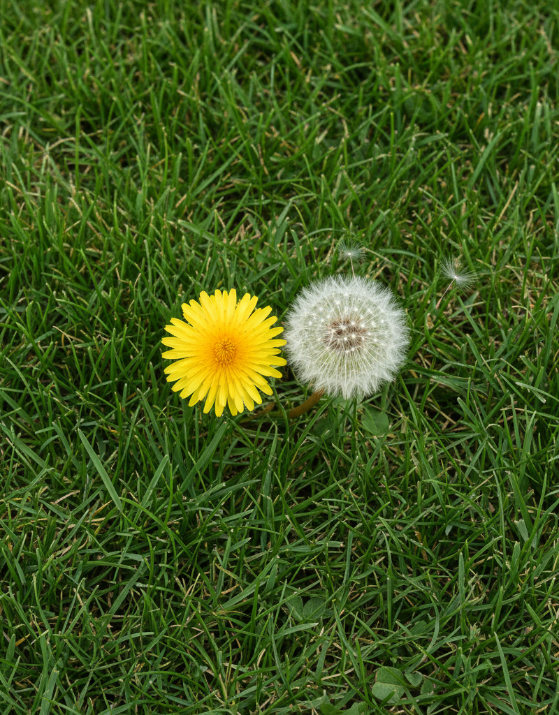 Dandelion flower and seed head in a green lawn, illustrating the challenge of weed control for homeowners.