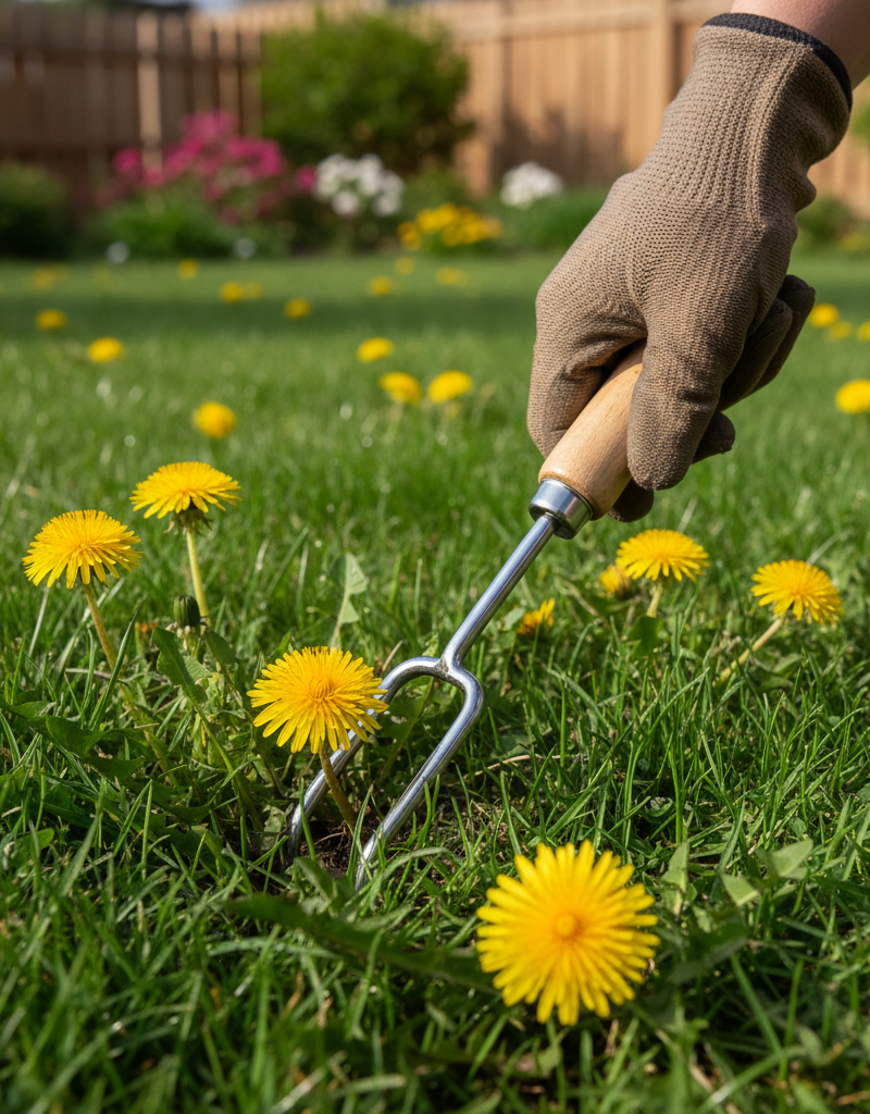 Hand in a gardening glove using a dandelion weeder to remove a yellow dandelion from a lush green lawn.