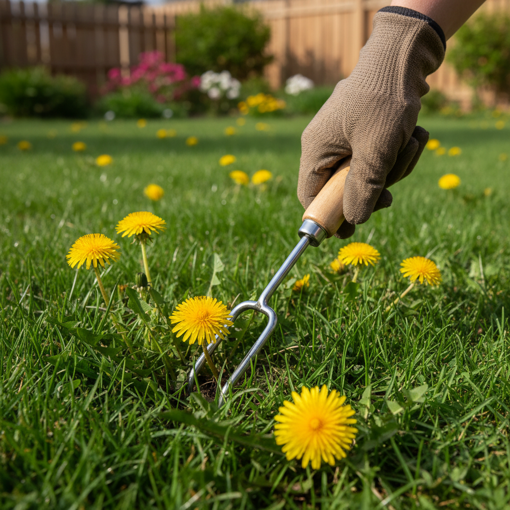 Hand in a gardening glove using a dandelion weeder to remove a yellow dandelion from a lush green lawn.