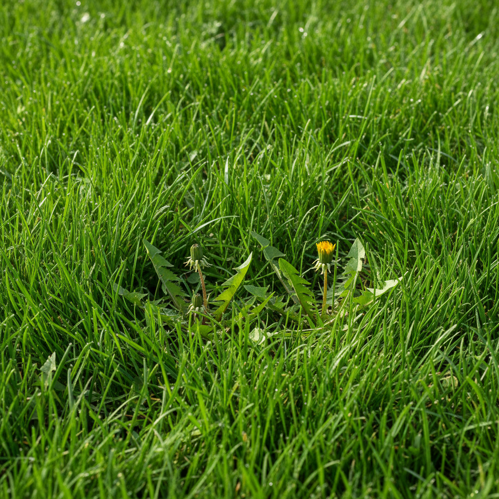 Healthy, dense green lawn with dandelions struggling to grow amidst tall grass.