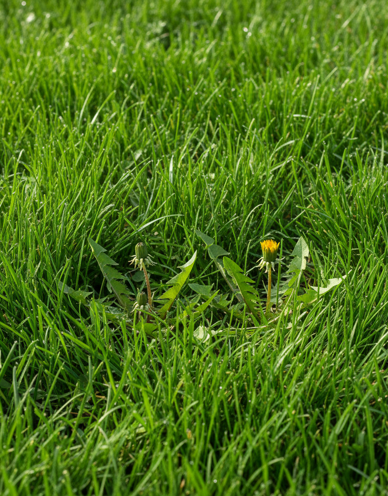 Healthy, dense green lawn with dandelions struggling to grow amidst tall grass.