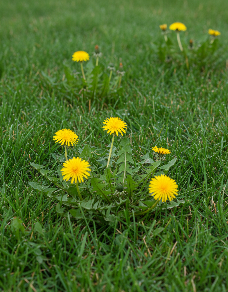 Dandelions scattered across a healthy green lawn