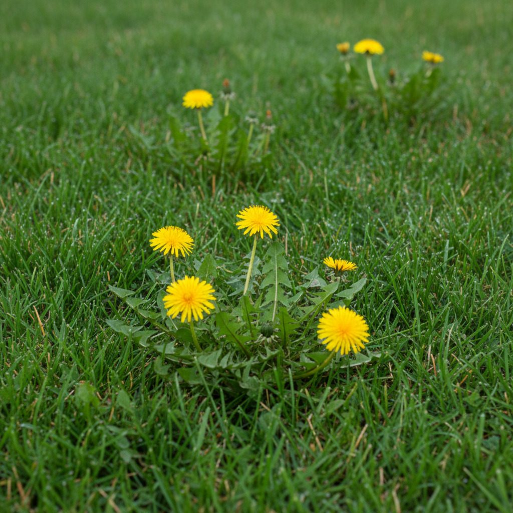 Dandelions scattered across a healthy green lawn