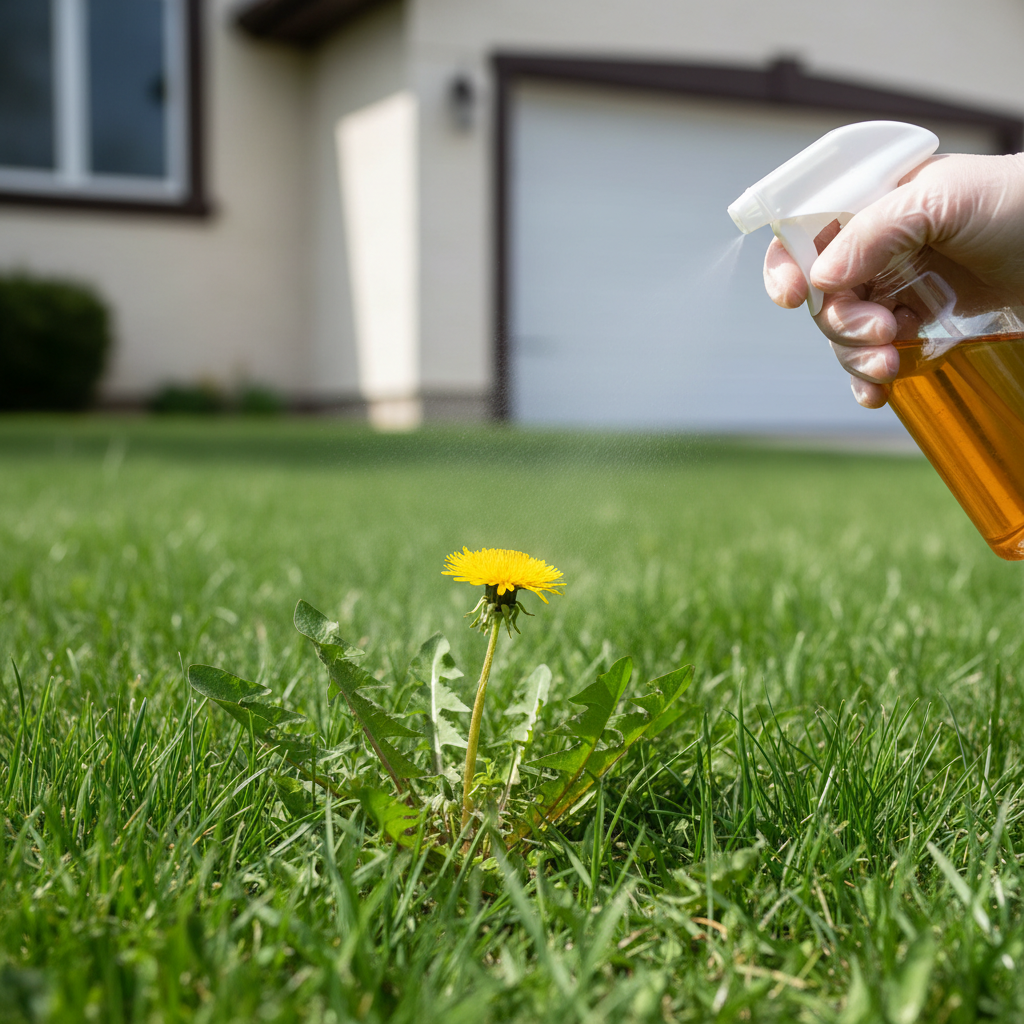 Homeowner spraying a dandelion in their lawn with a natural weed killer solution from a spray bottle.