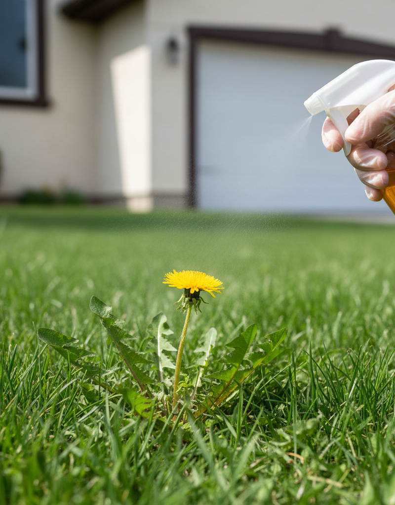 Homeowner spraying a dandelion in their lawn with a natural weed killer solution from a spray bottle.