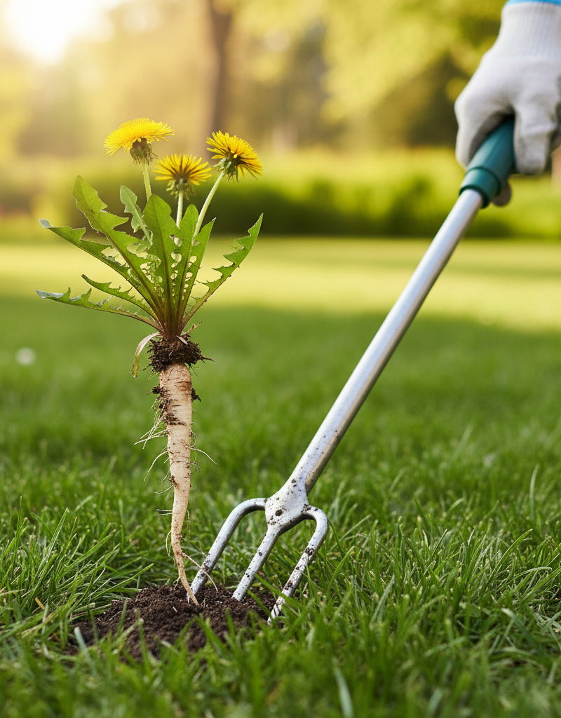 Homeowner carefully removing a dandelion with its entire taproot from a green lawn using a dedicated weeding tool.